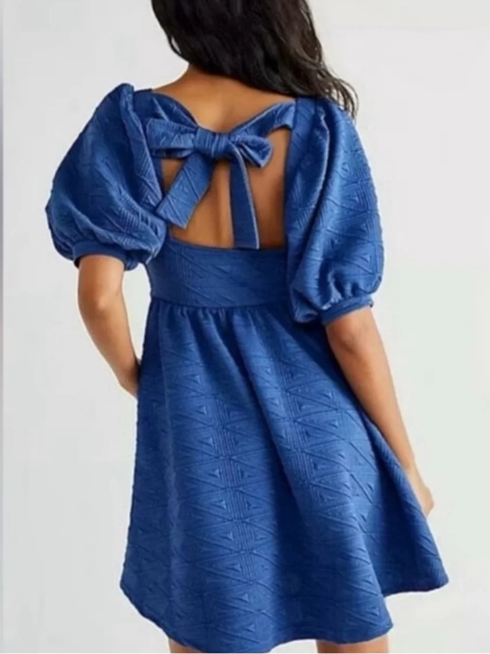 Free People Violet Puff-Sleeve Square-Neck Mini Dress - Dark Blue Navy